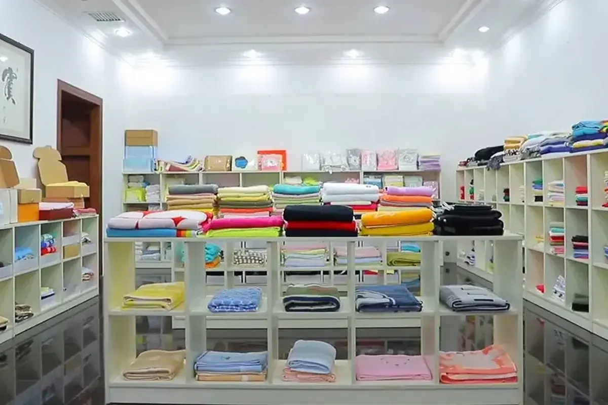 Real towel showroom displaying finished colors sizes and retail presentation options