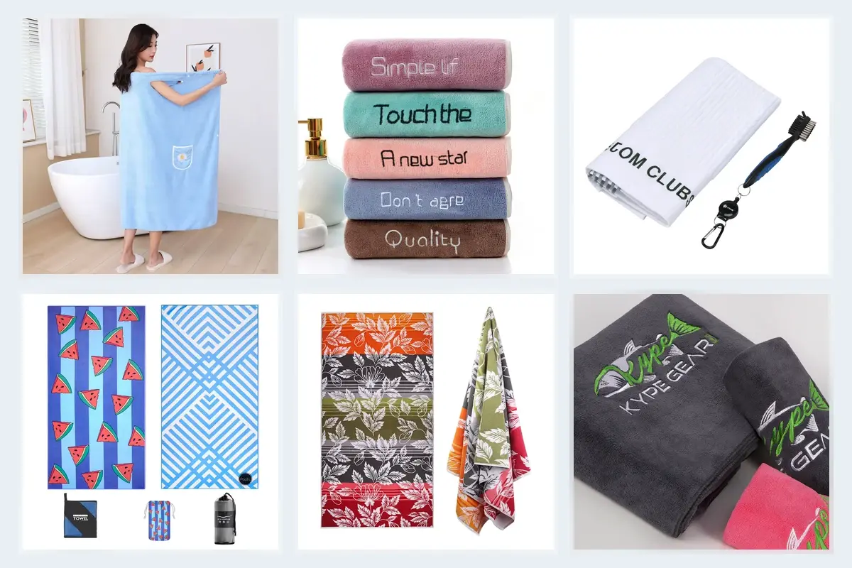Custom bath towel branding examples with embroidery, woven logos and full-color printing