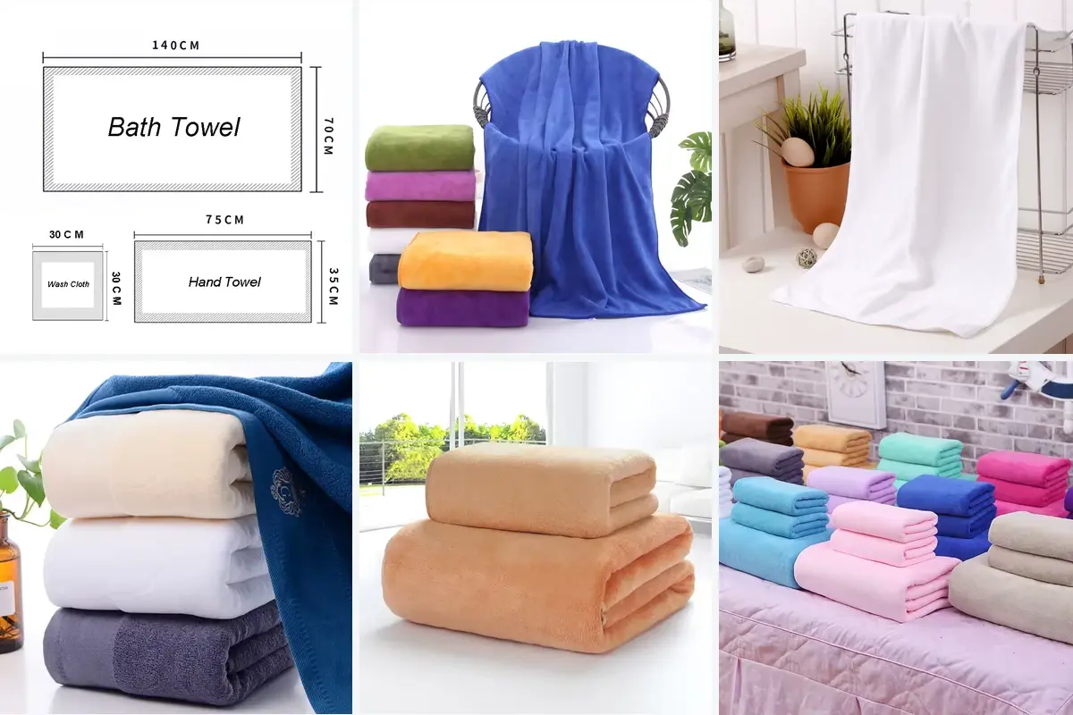 Bath towel size diagram, full-length drapes and folded thickness options
