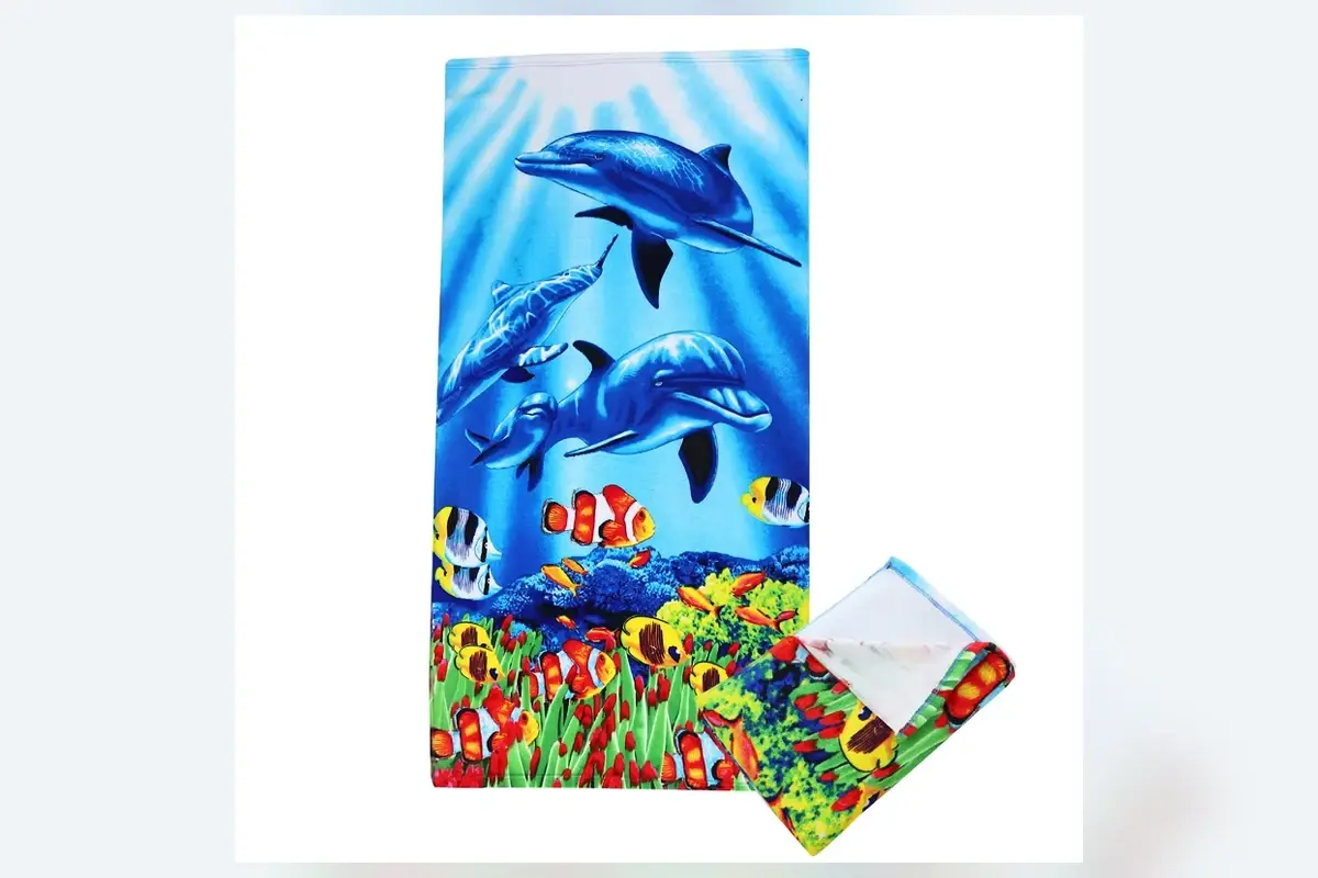 Full-color printed towel with an underwater dolphin design