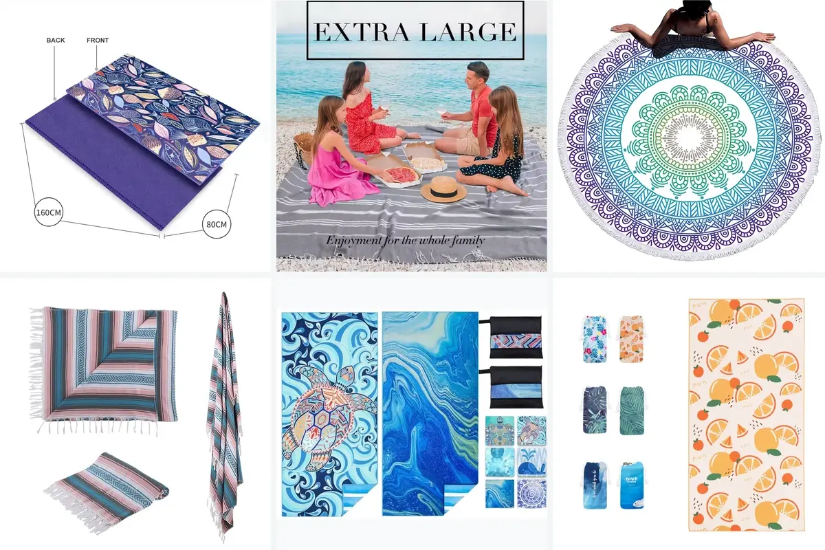 Beach towel size, shape and artwork layout options including 80 by 160 centimeters