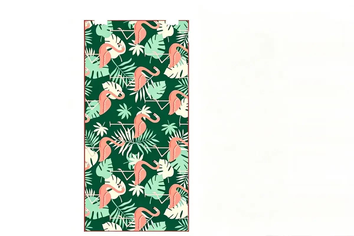 Repeated flamingo and tropical leaf pattern across a green beach towel