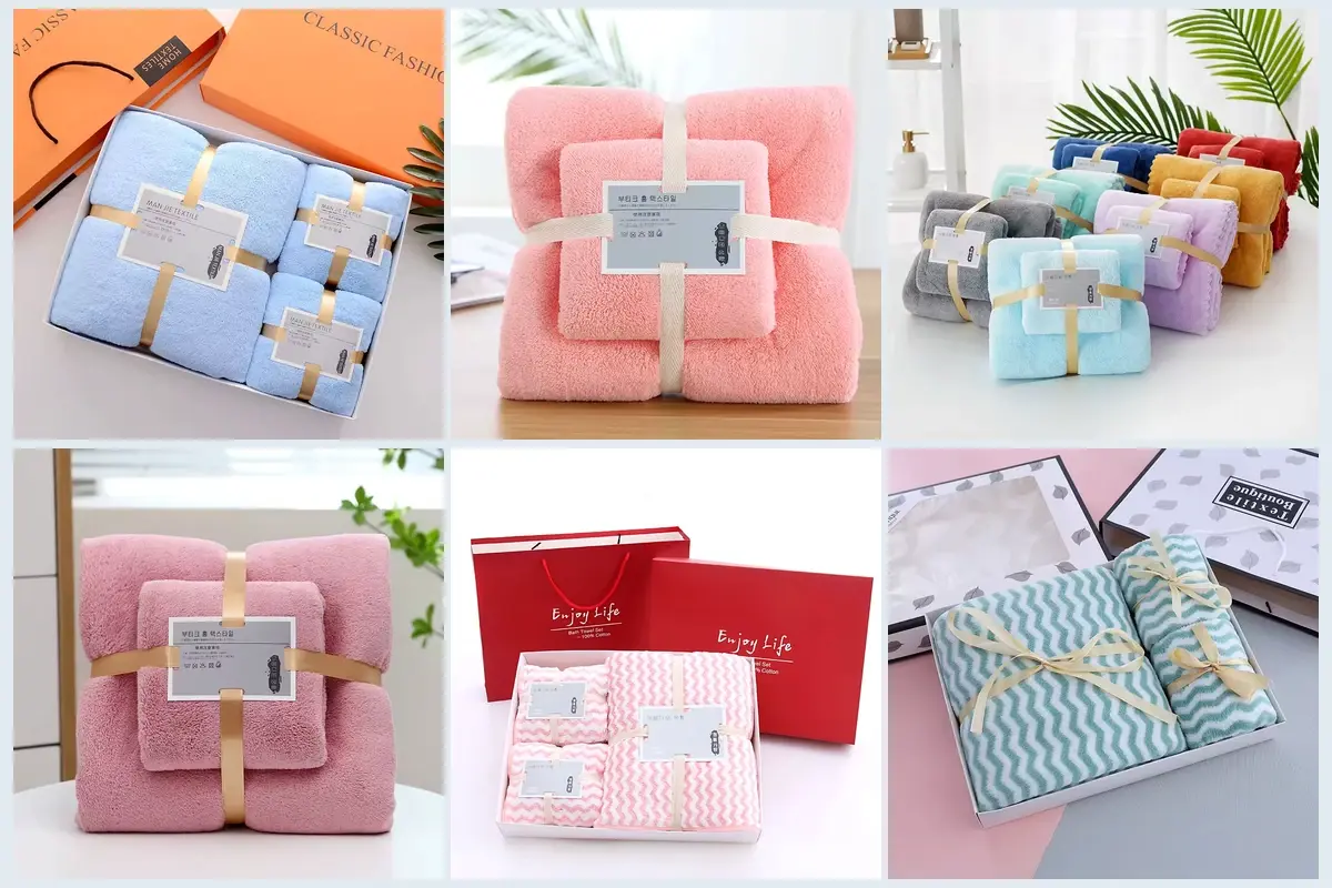 Face towel color choices with paper bands, individual packs, and gift box options