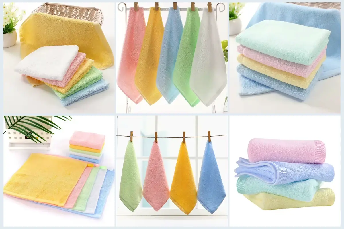 Square face towel size references in flat, folded, hanging, and stacked presentations