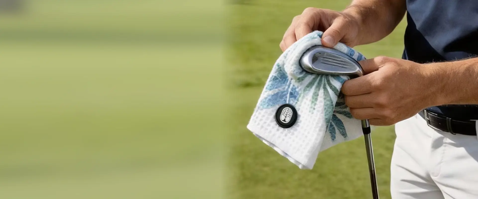 Golfer cleaning an iron club with a patterned golf towel on the course