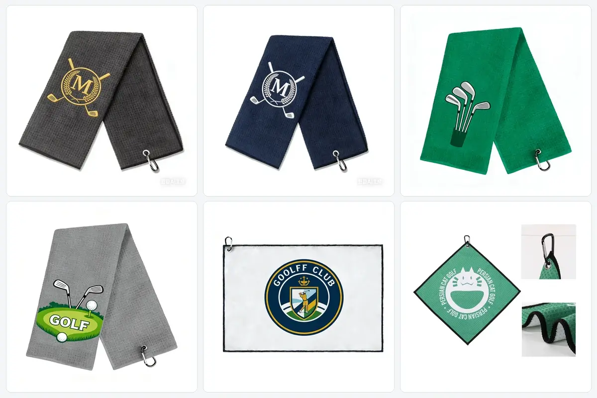 Custom golf towel logo placement examples viewed in hanging positions