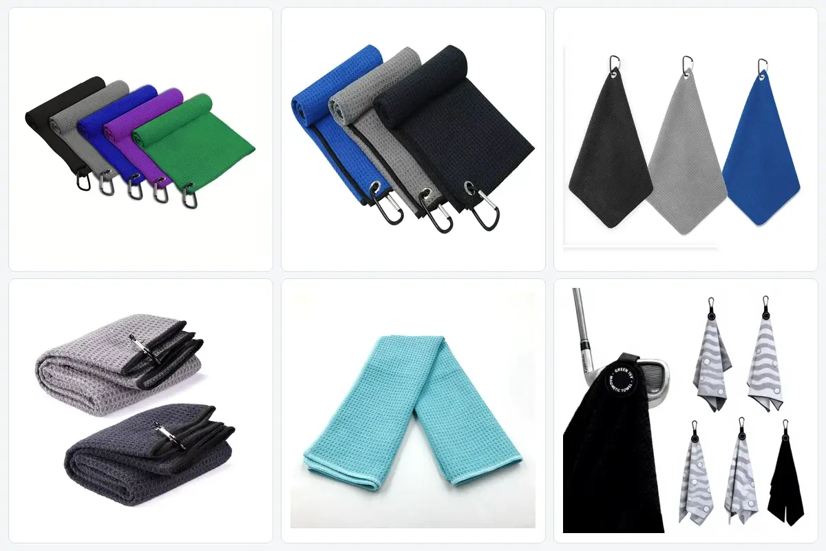 Square triangular and rectangular golf towel size and material options