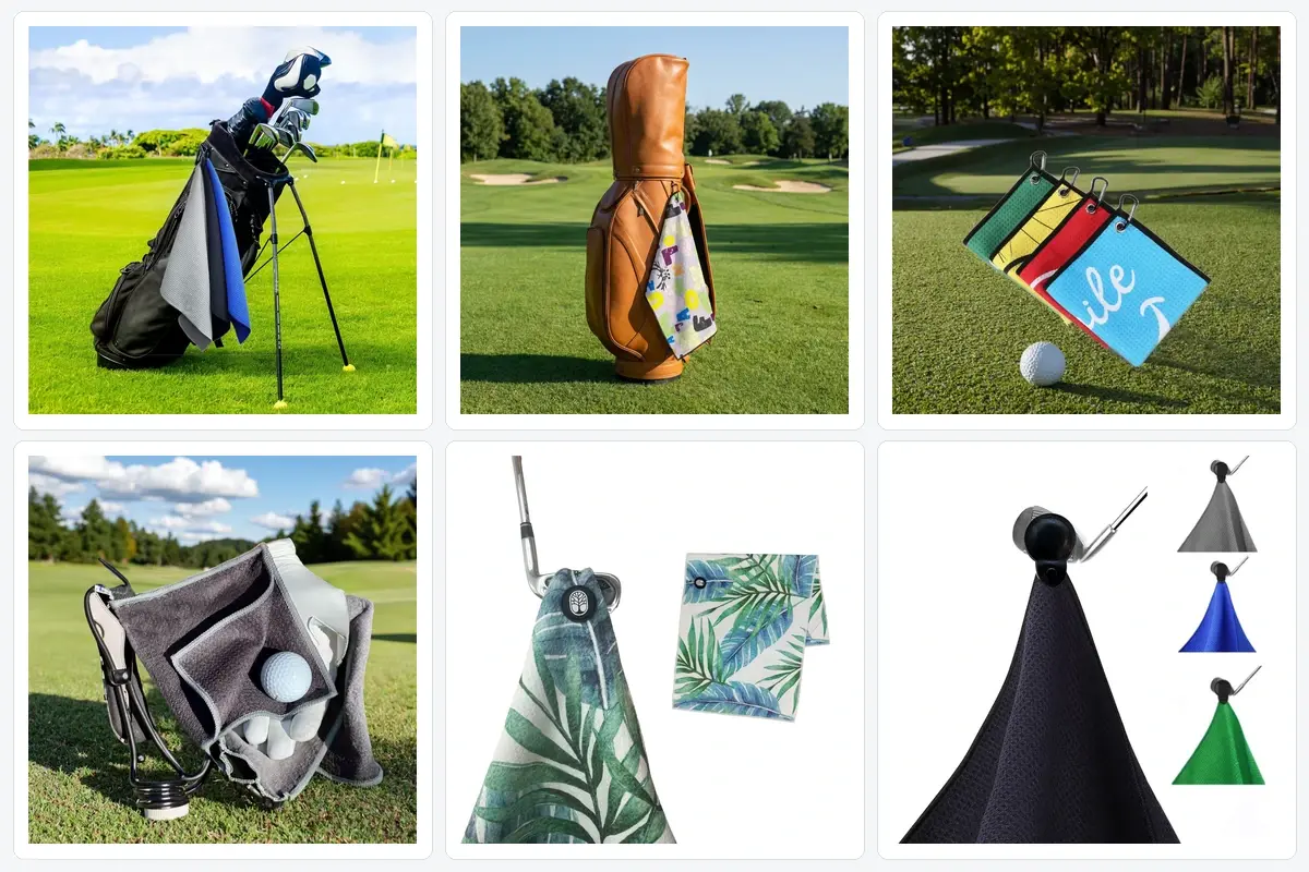 Golf towels shown hanging from golf bags and clubs during on-course use