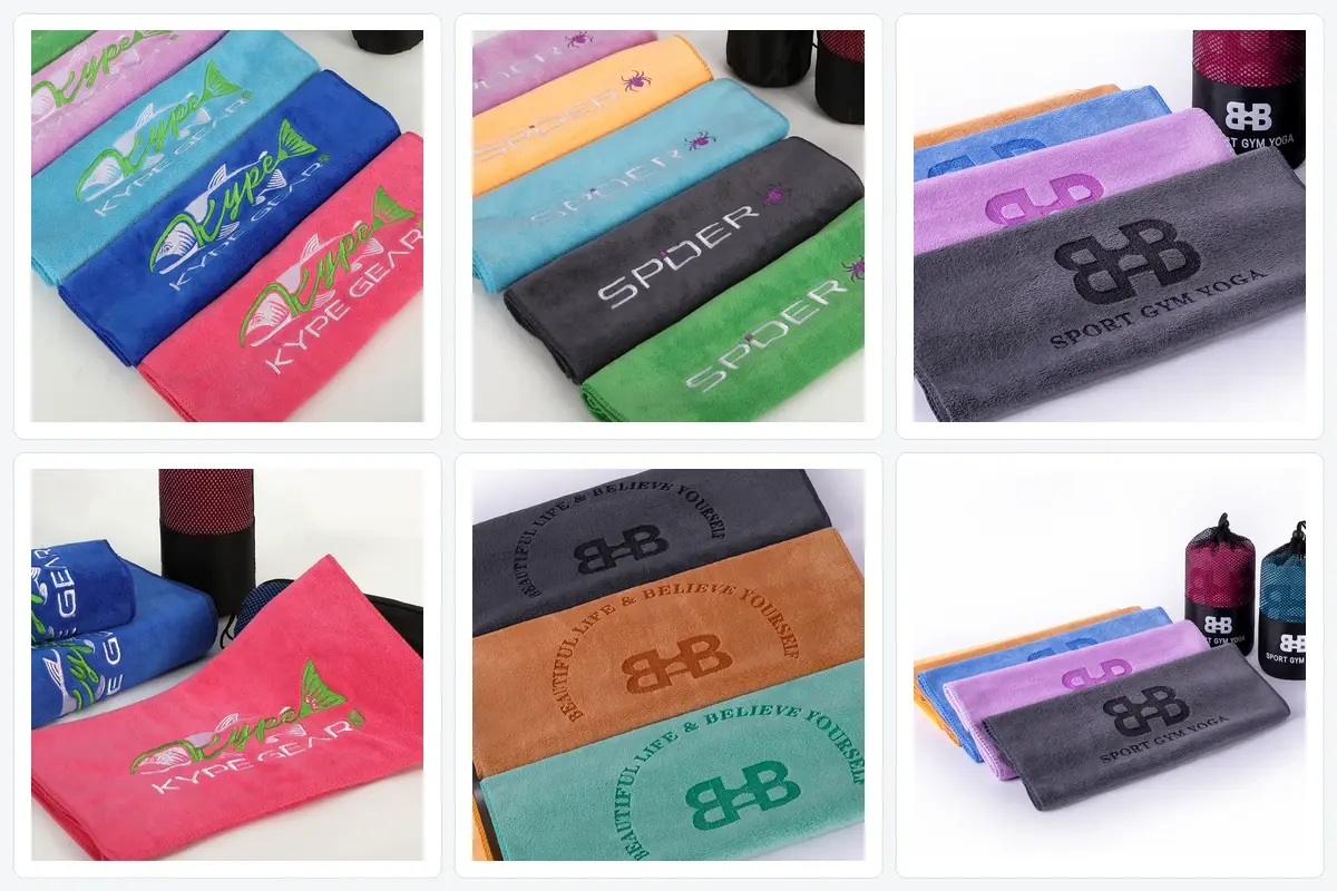 Embroidered and embossed gym towel logos shown on folded and carried towels