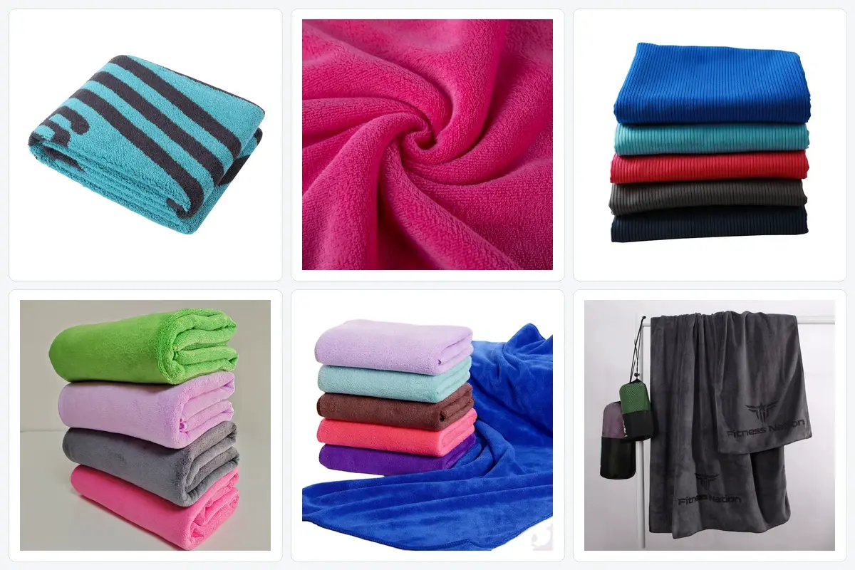 Cotton, microfiber, terry, and lightweight gym towels with different weights and drying characteristics