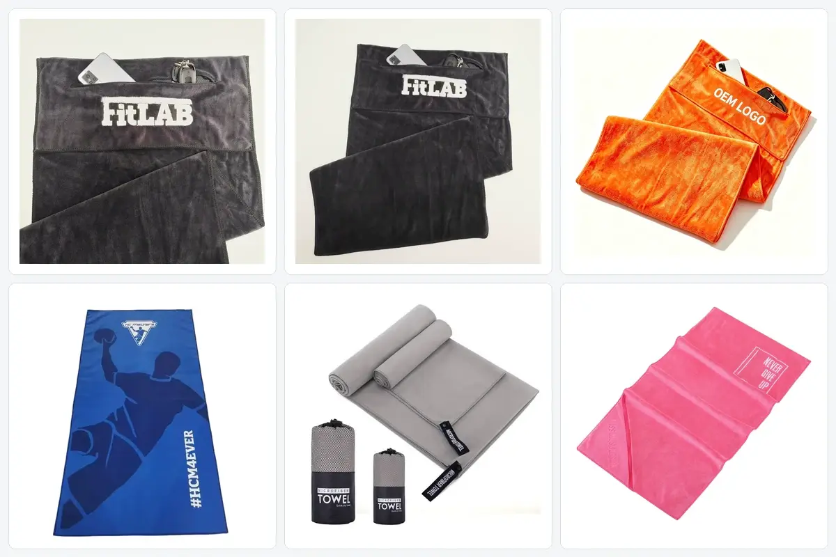 Gym towels in different finished sizes with bound edges, pockets, hanging loops, and flat hems