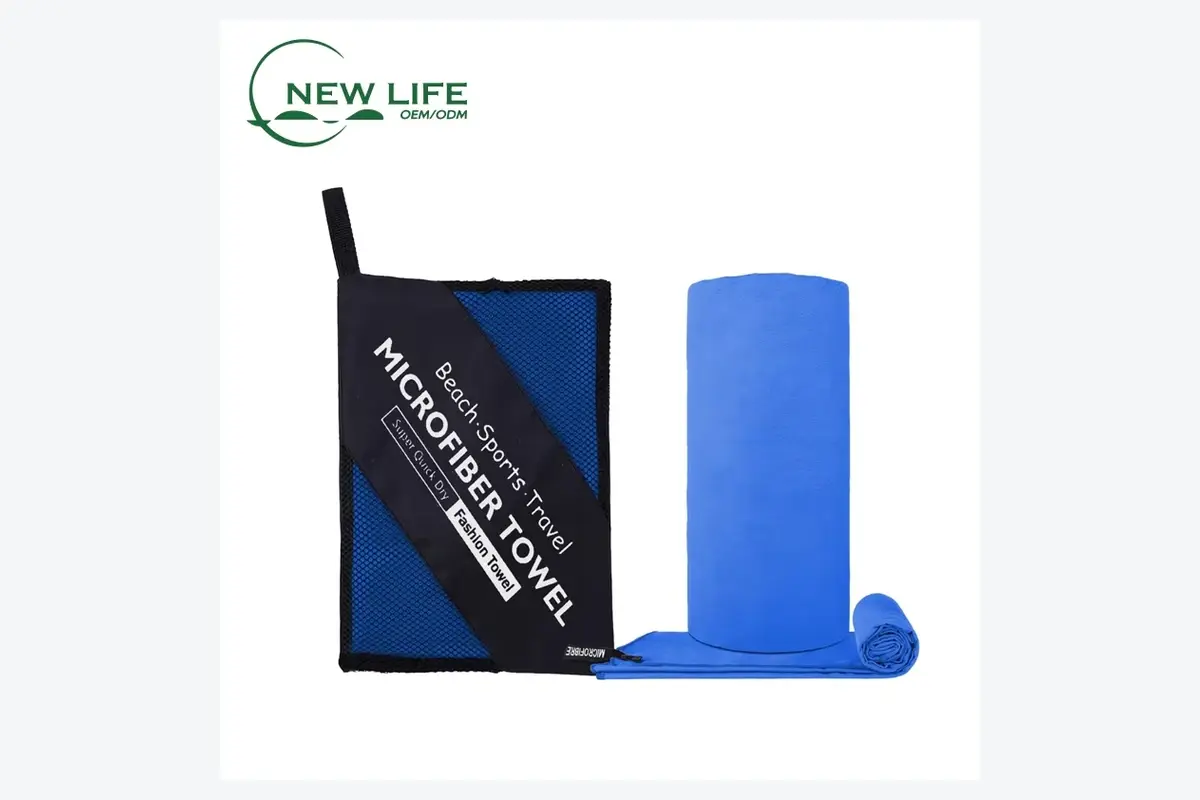 Blue microfiber gym towel packed with an individual branded carry pouch