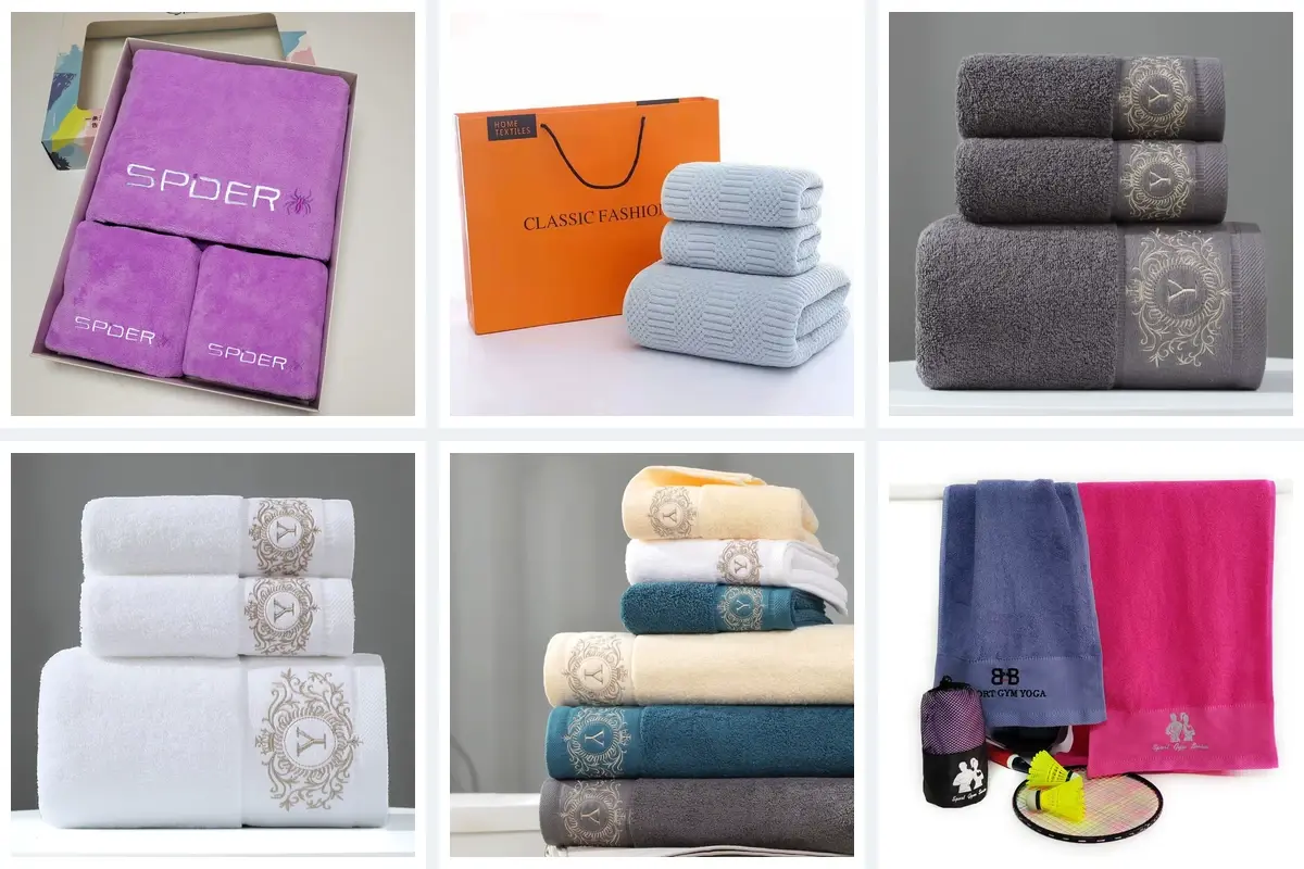 Custom hand towel embroidery examples showing logo placement and color combinations