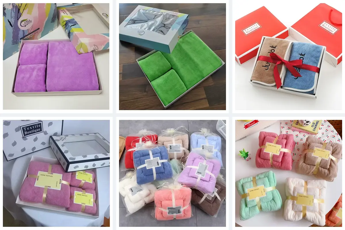 Private-label hand towel sets with labels, gift boxes and retail packaging