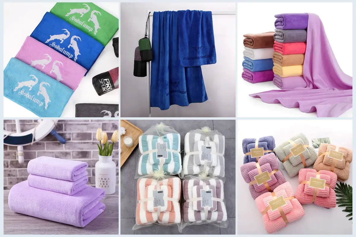 Coordinated hotel towel sets with matching colors, logos, folds, and packaging