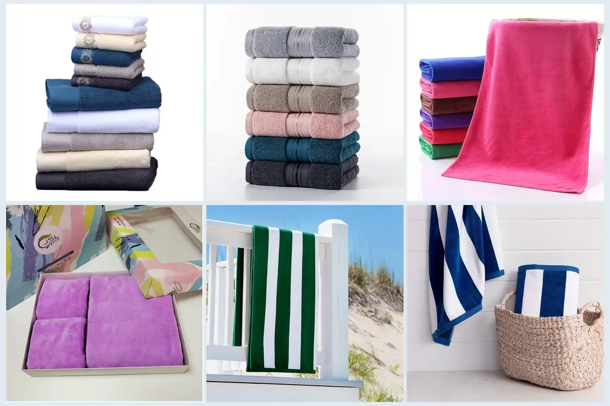 Hotel face, hand, bath, and pool towels shown in common sizes and presentations