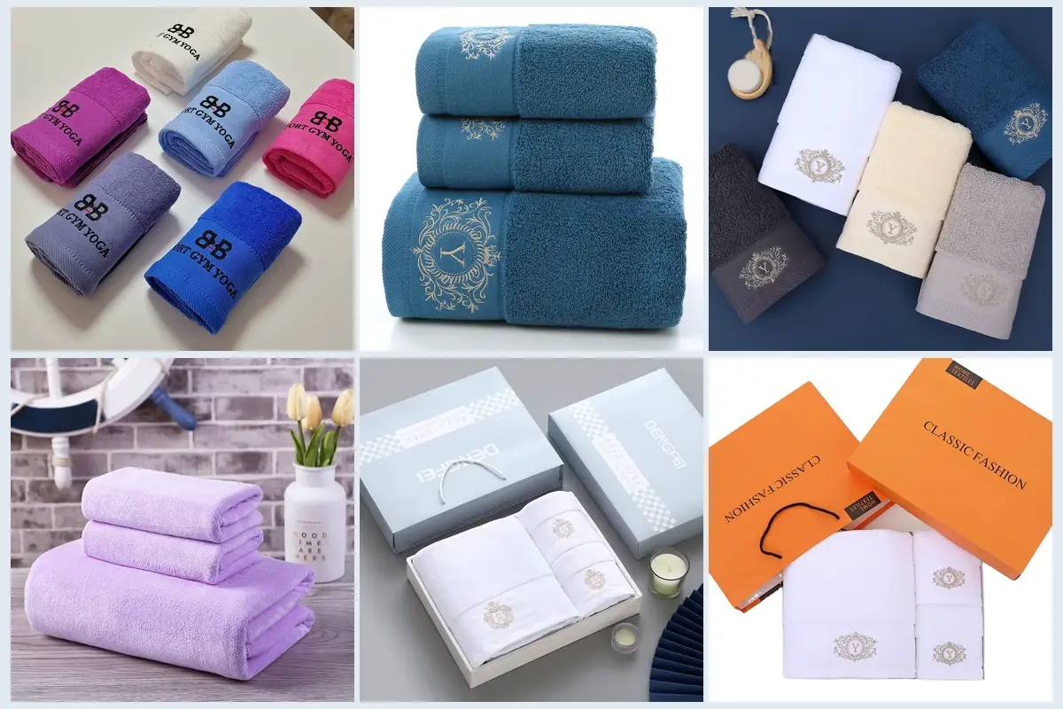 Coordinated hotel towel ranges showing colors, embroidered logos, sets, and packaging