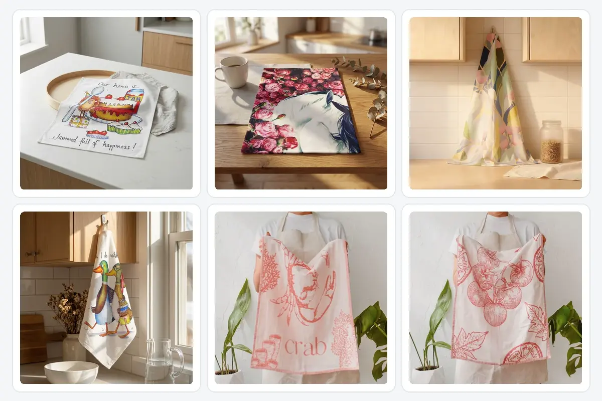 Kitchen towels shown flat, folded, hanging, and held up to compare artwork scale and orientation