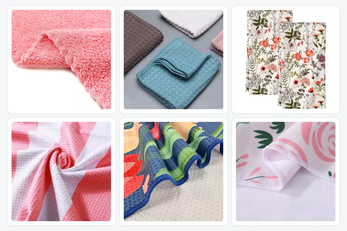 Six close views of terry, waffle, flat weave, printed, bound, and hemmed kitchen towel surfaces