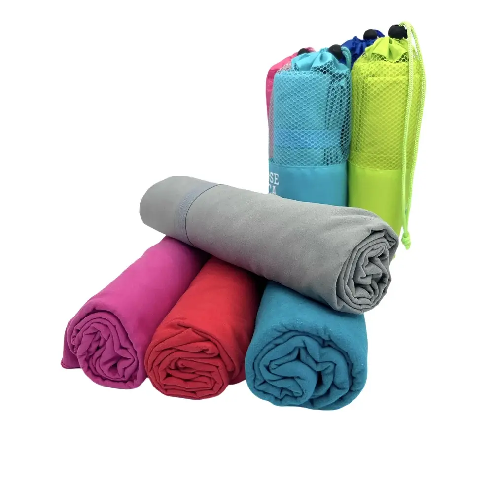 Colorful quick-dry gym towels rolled with portable mesh bags