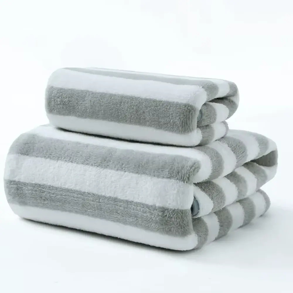 Coordinated gray and white striped hotel towel set