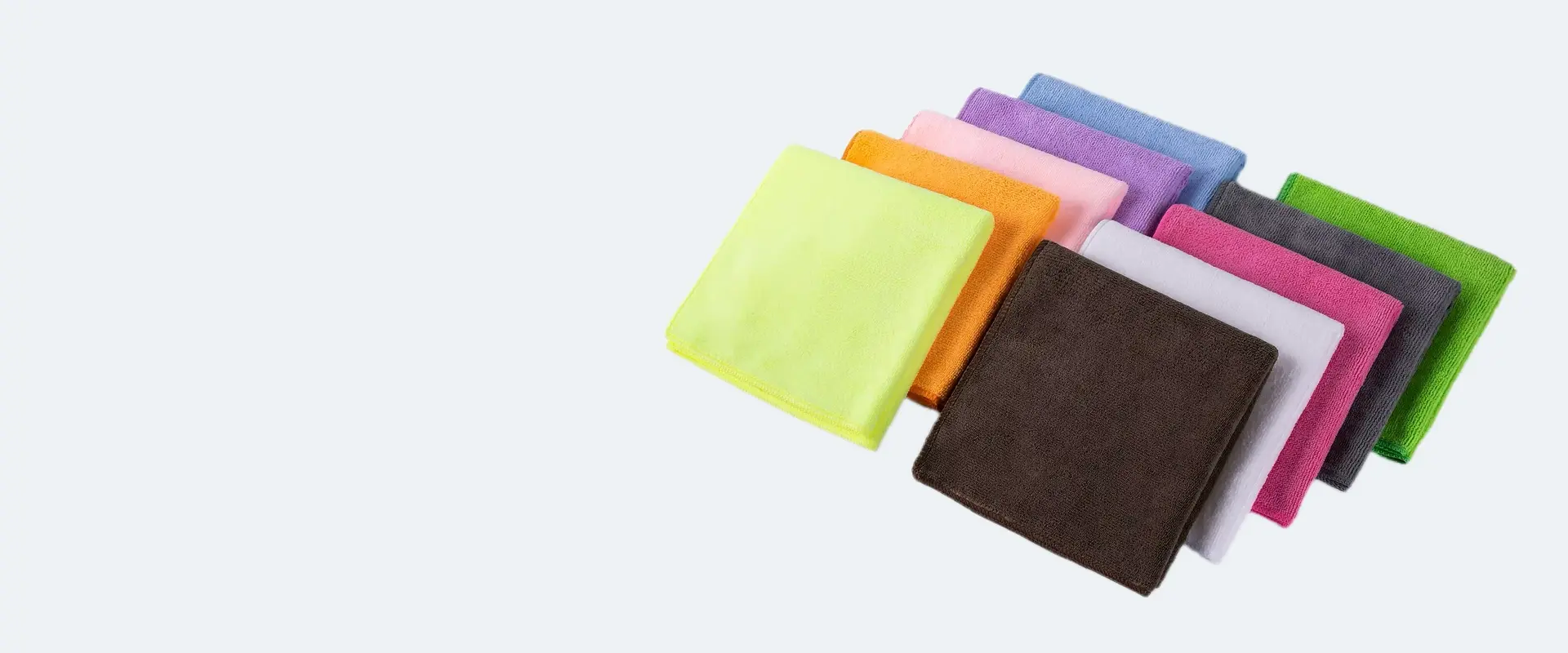 Multicolor custom microfiber cleaning towels arranged to show available color options