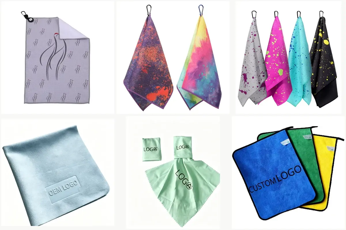 Printed, embossed, and logo-branded microfiber towel examples in six square panels