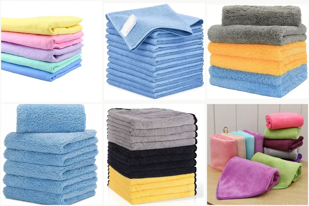Six microfiber towel stacks showing different thicknesses, sizes, and folded handling formats