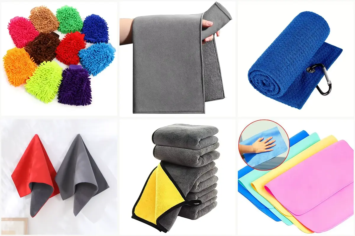 Six microfiber constructions including chenille, suede-feel, waffle, coral fleece, and smooth cleaning cloths