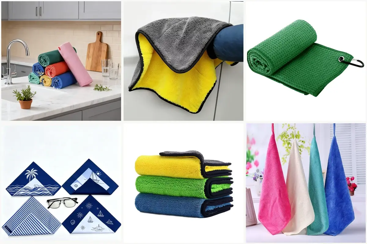 Six microfiber towel formats for kitchen cleaning, automotive detailing, sports, lens care, and general wiping
