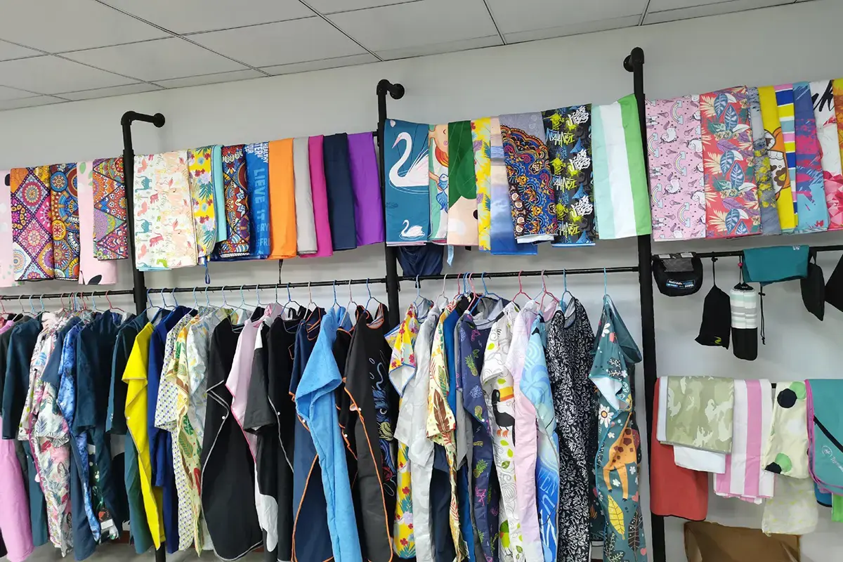 Printed towel artwork samples displayed in a wide range of colors