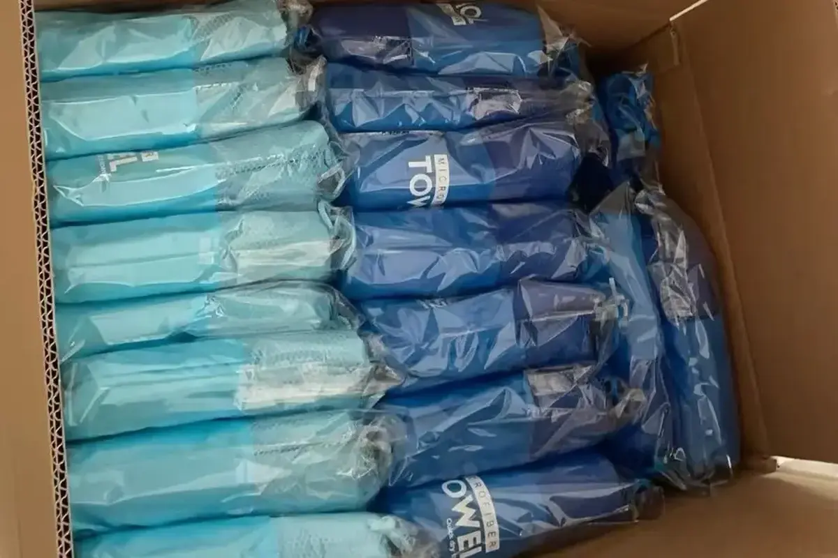 Individually packed towels with removable packaging and product information