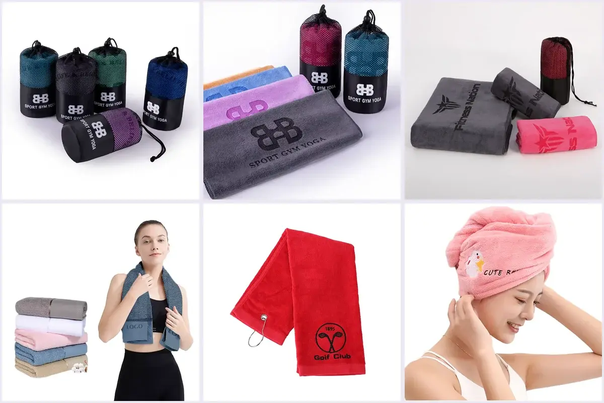 Six towel products comparing embroidered logo sizes and positions on folded, hung, worn, and packaged views