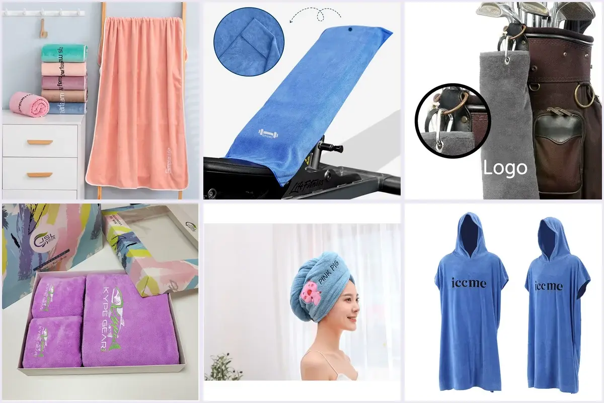 Six embroidered towel applications showing logo placement for spa, gym, golf, gift, hair, and changing products