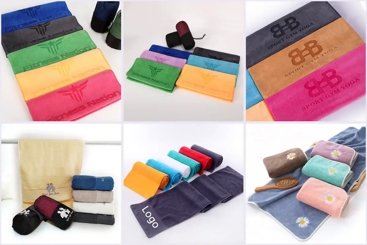 Six towel colorways comparing tonal and contrasting embroidery thread against the towel body
