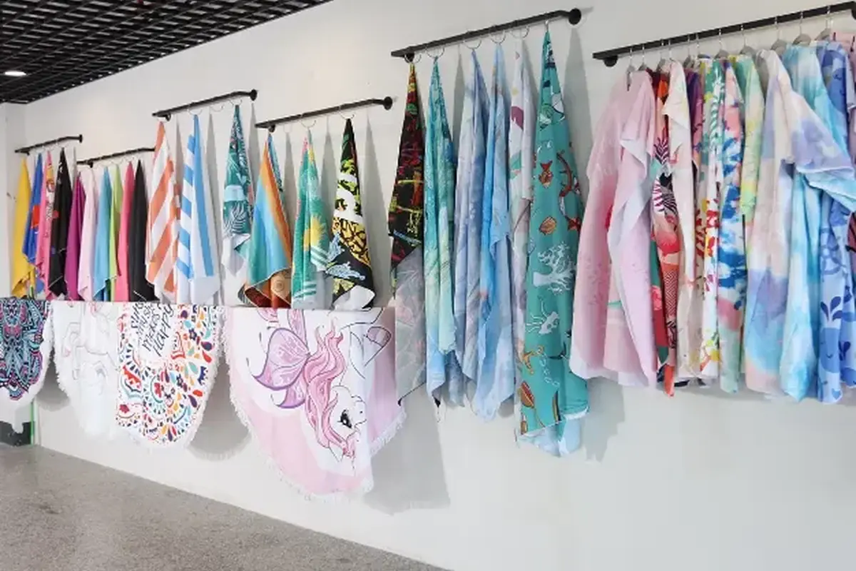 Hanging patterned towel samples used to review orientation and reading direction