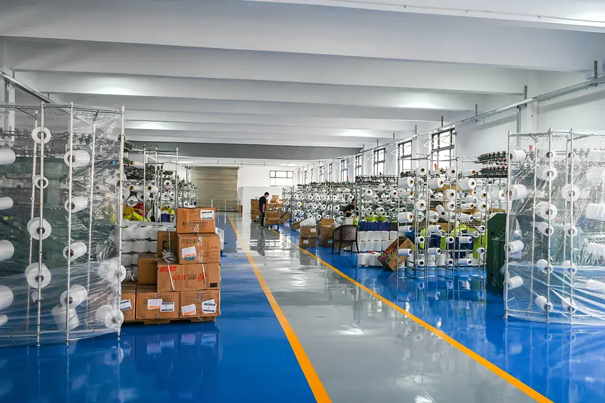 Organized yarn preparation area for planned towel production