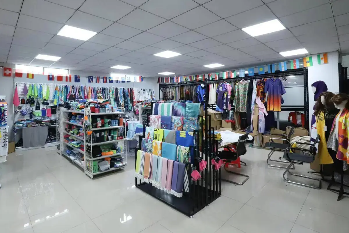 Showroom displaying multiple towel and textile product categories for scope review