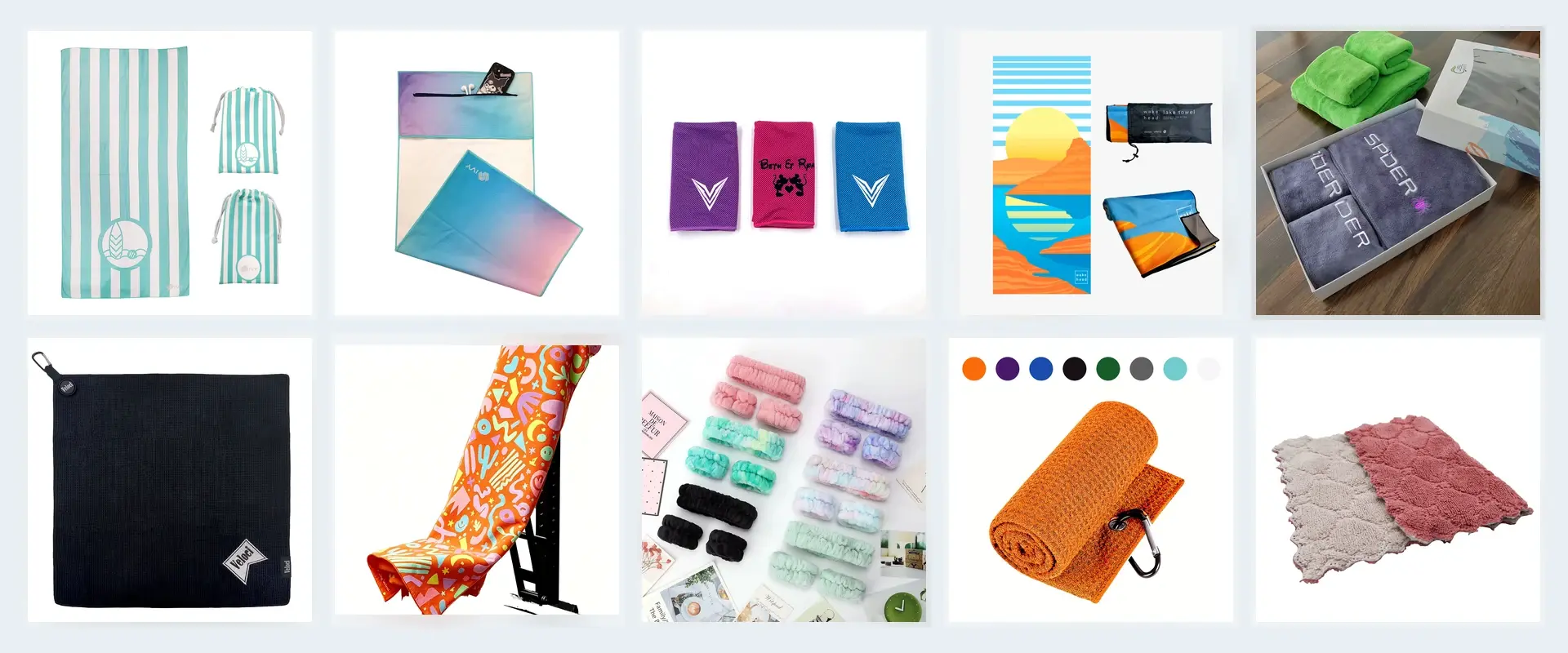 Completed custom towel samples with printed, embroidered, packaged and product-ready designs