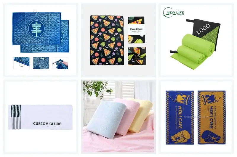 Custom towel logo and pattern examples using printing, embroidery, embossing and weaving