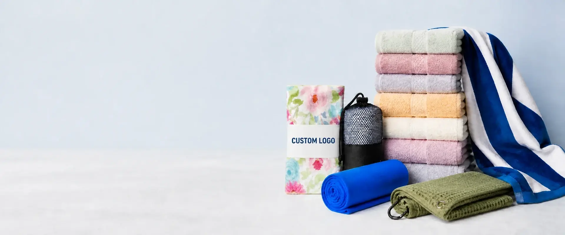 Custom towel collection with bath, beach, golf, kitchen and gym towels