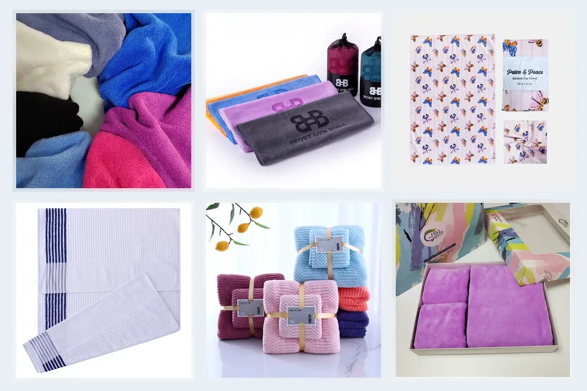Square product photos showing custom towel colors, branding, printing and private-label packaging